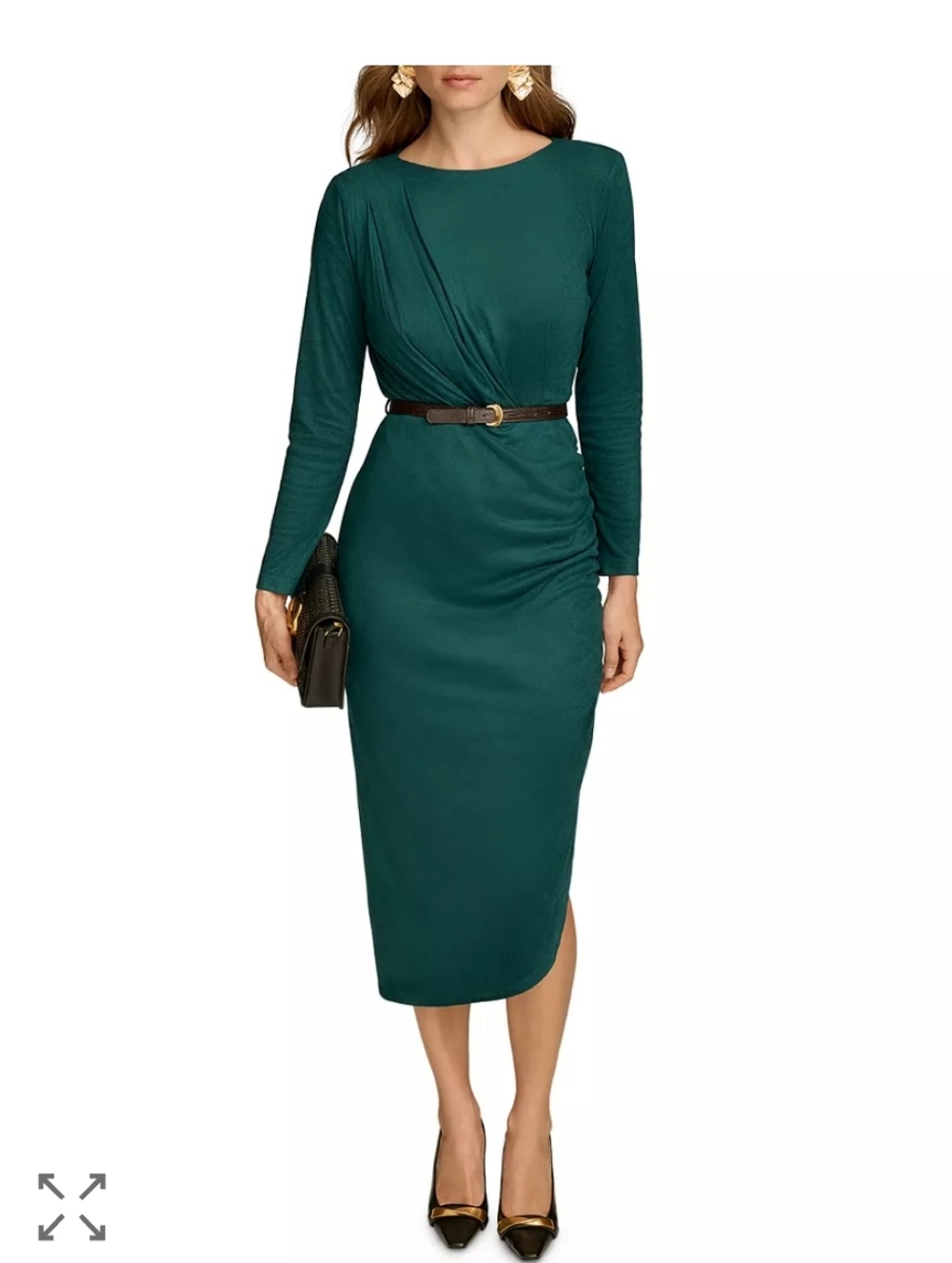 Donna Karan New York Teal Draped Dress Sz 16 Long Sleeve Belted Midi Sheath NWT